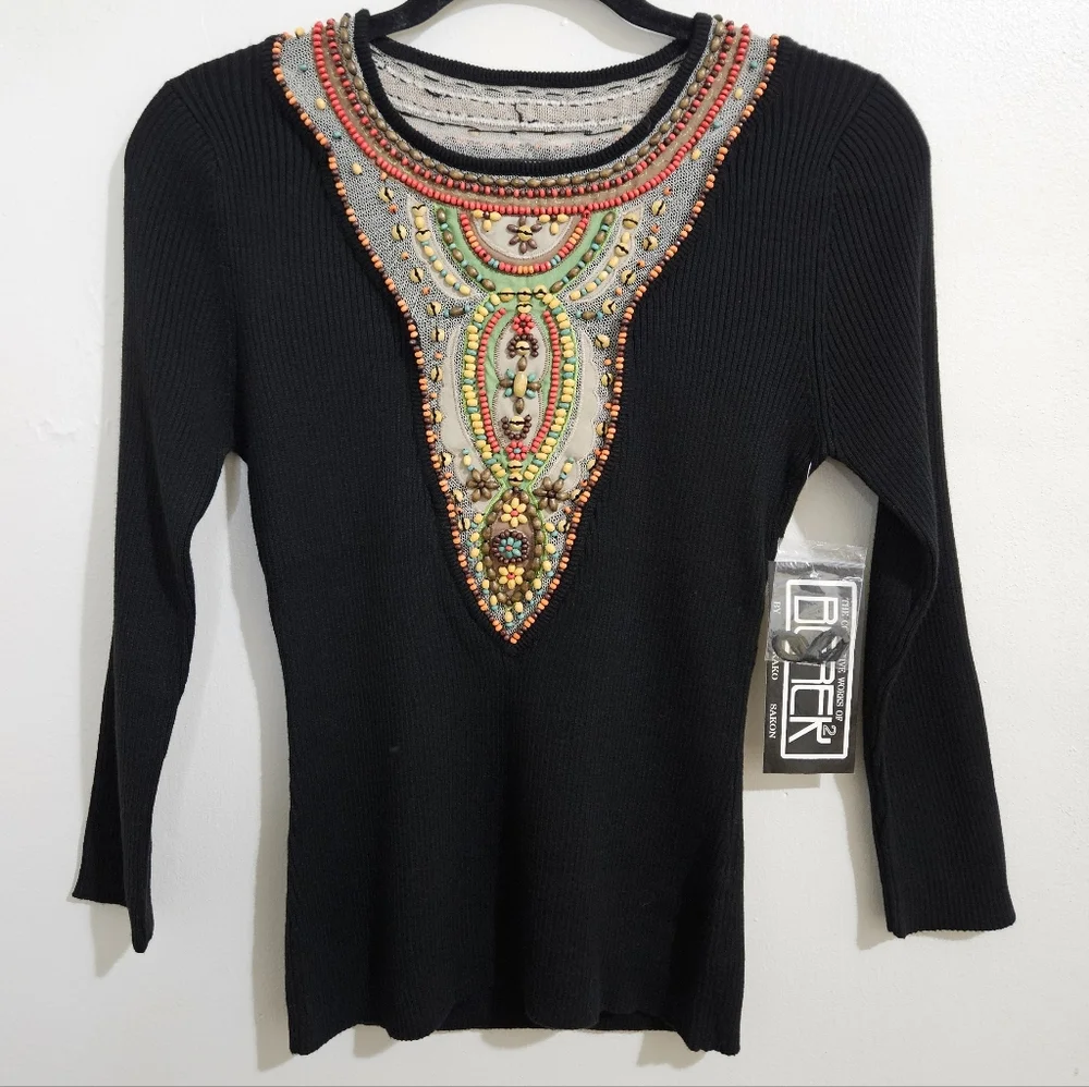 NEW Vintage Berek Takako Sakon Beaded Ribbed Knit Top Black Boho Art To Wear M - Picture 3 of 14